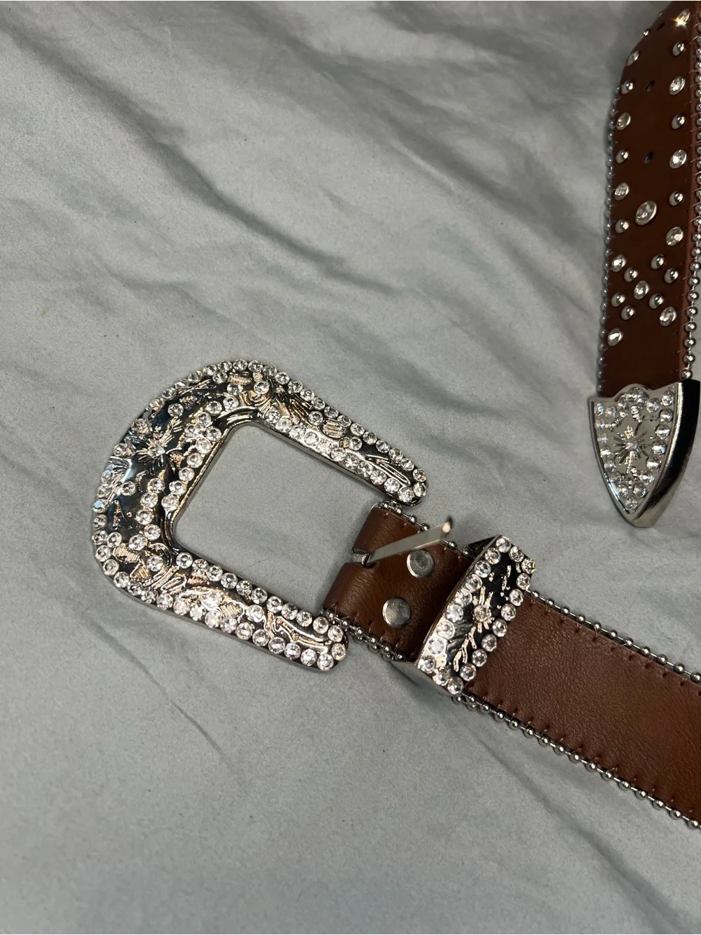 Y2K Brown Crystal-Studded Women's Leather Belt